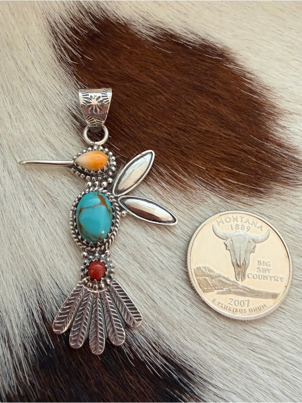 ❤️ Spiny Oyster, Kingman Turquoise Red Coral Hummingbird Navajo Sterling Pendant - Picture 4 of 12